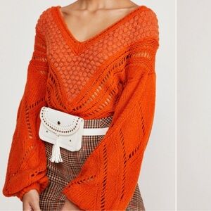 Free People Snowball Open Stitch Knit Sweater Electric Orange Wool Alpaca blend